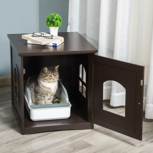 Casinha de madeira PawHut e caixa de areia marrom para gatos.