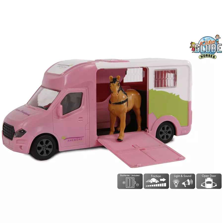 Kids Globe Farming Pferdetransporter Spielzeug + Pferdegeräusch Pferdeanhänger mit Pferd Rosa Rosa