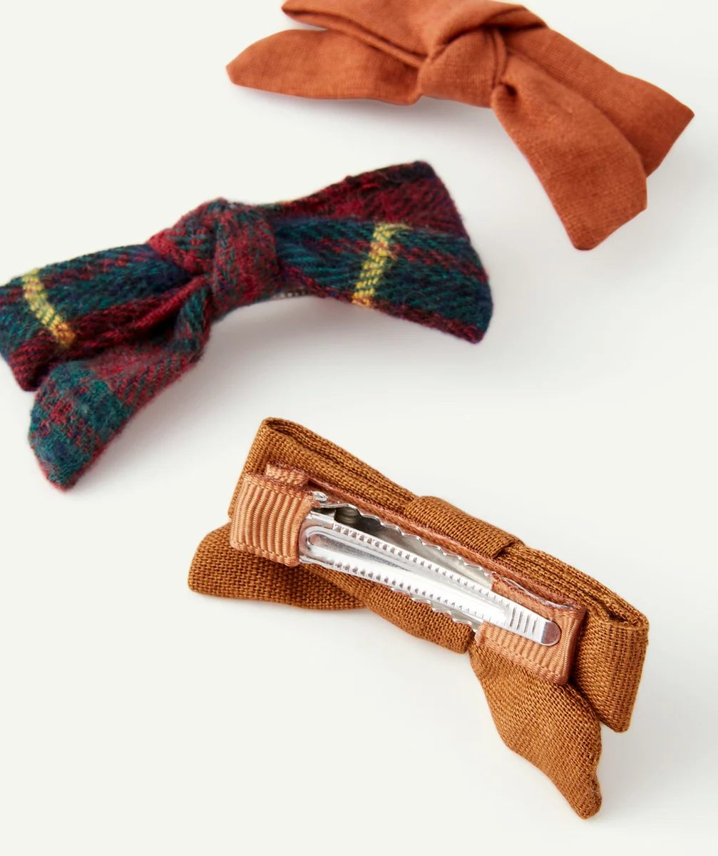 LOT DE 3 BARRETTES FILLE NOEUD MARRON ET IMPRIMÉ TARTAN