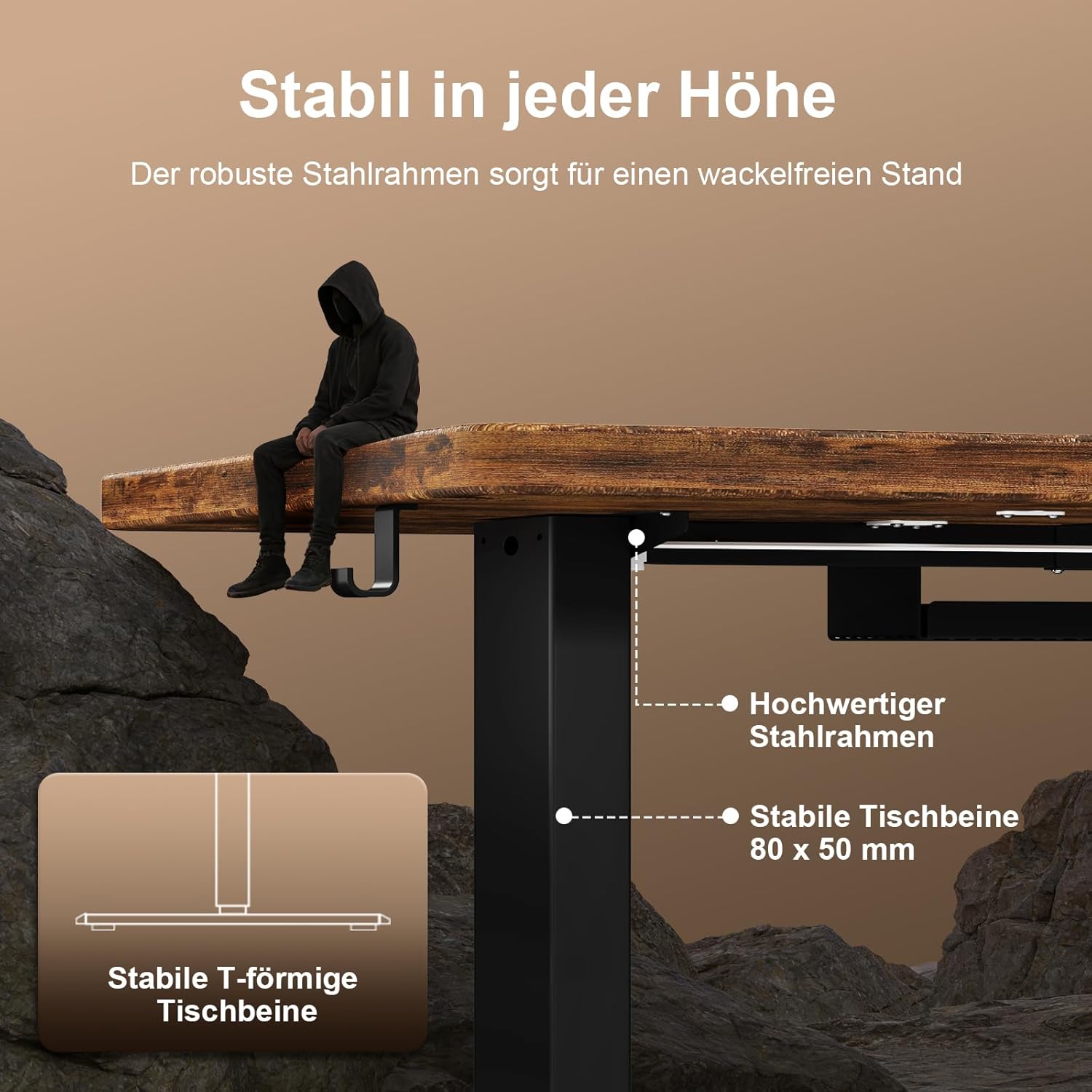 JUMMICO Höhenverstellbarer Schreibtisch 120 x 70 cm mit Kabelwanne, Höhenverstellbar Elektrisch Stehpult mit USB-Buchse, Computertisch, Ergonomischer Steh-Sitz Tisch, Bürotisch, Vintage-braun