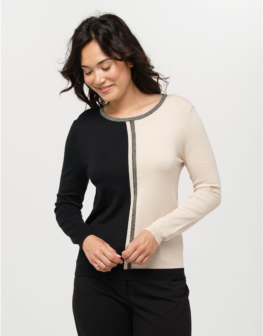 Pull fin noir et beige