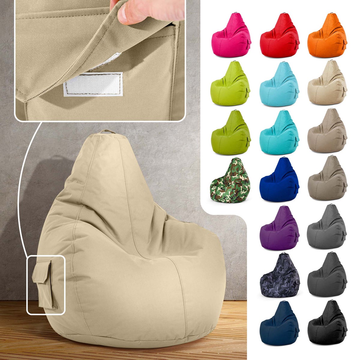 Green Bean Zitzak met rugleuning 80x70x90cm - Gaming stoel met 230L vulling, comfortabel, zacht, wasbaar - Zitzak vloerkussen, loungestoel, voetenbank, relaxstoel, gamerstoel, beige