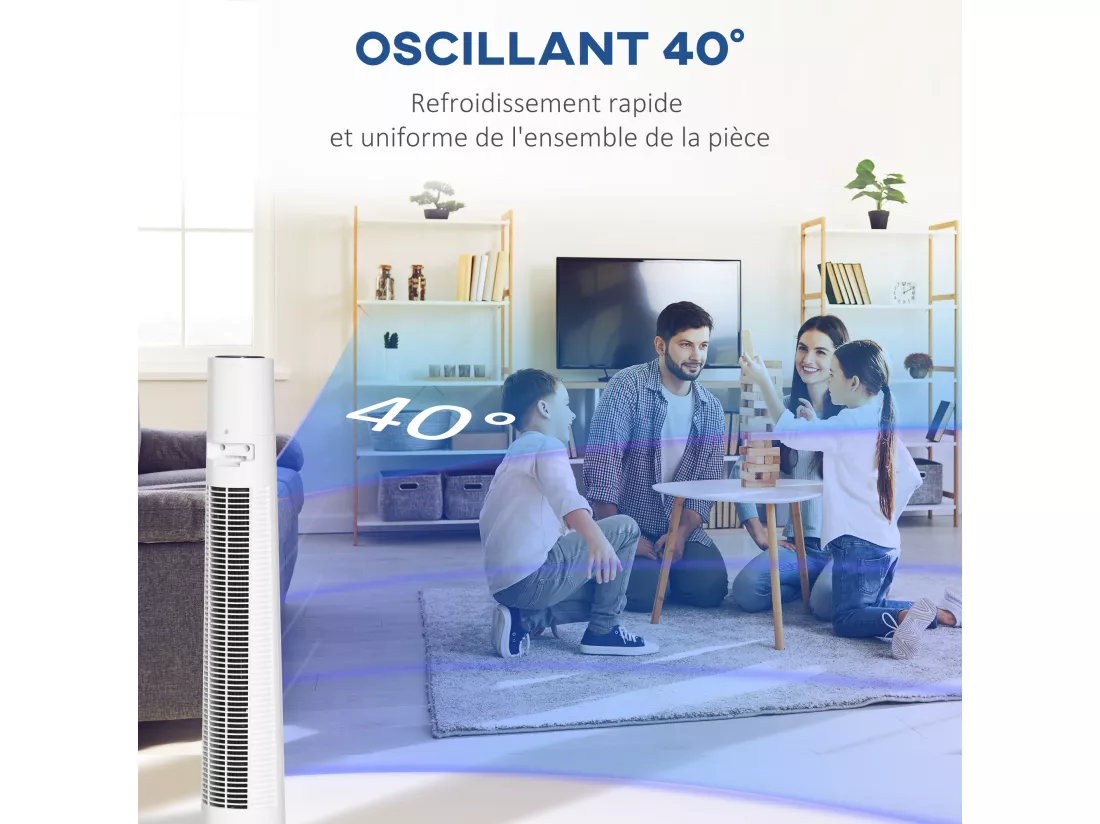 Ventilateur colonne tour oscillant 50 W ultra silencieux télécommande incluse timer 3 modes 3 vitesses Ø32 x 118H cm blanc noir
