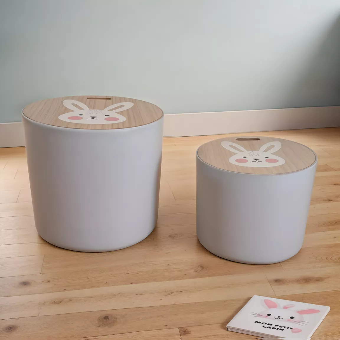 Lots de 2 poufs de rangement gigognes enfant bois (H31 et 24 cm) Lapin Gris