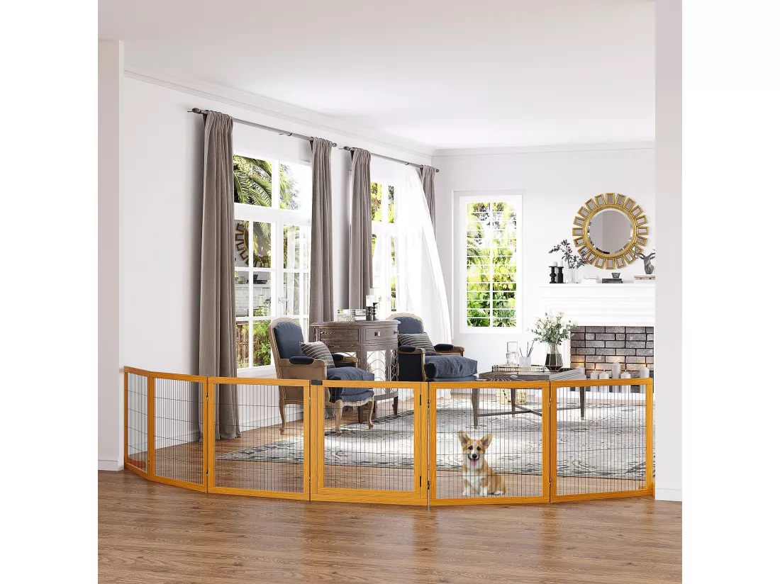 Barrière de sécurité parc enclos chien modulable pliable porte verrouillable intégrée 5 panneaux grillage acier noir bois de pin verni