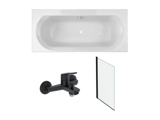 Pack baignoire droite 170 x 75 JACOB DELAFON Elise + mitigeur bain douche noir mat + pare bain noir mat + vidage