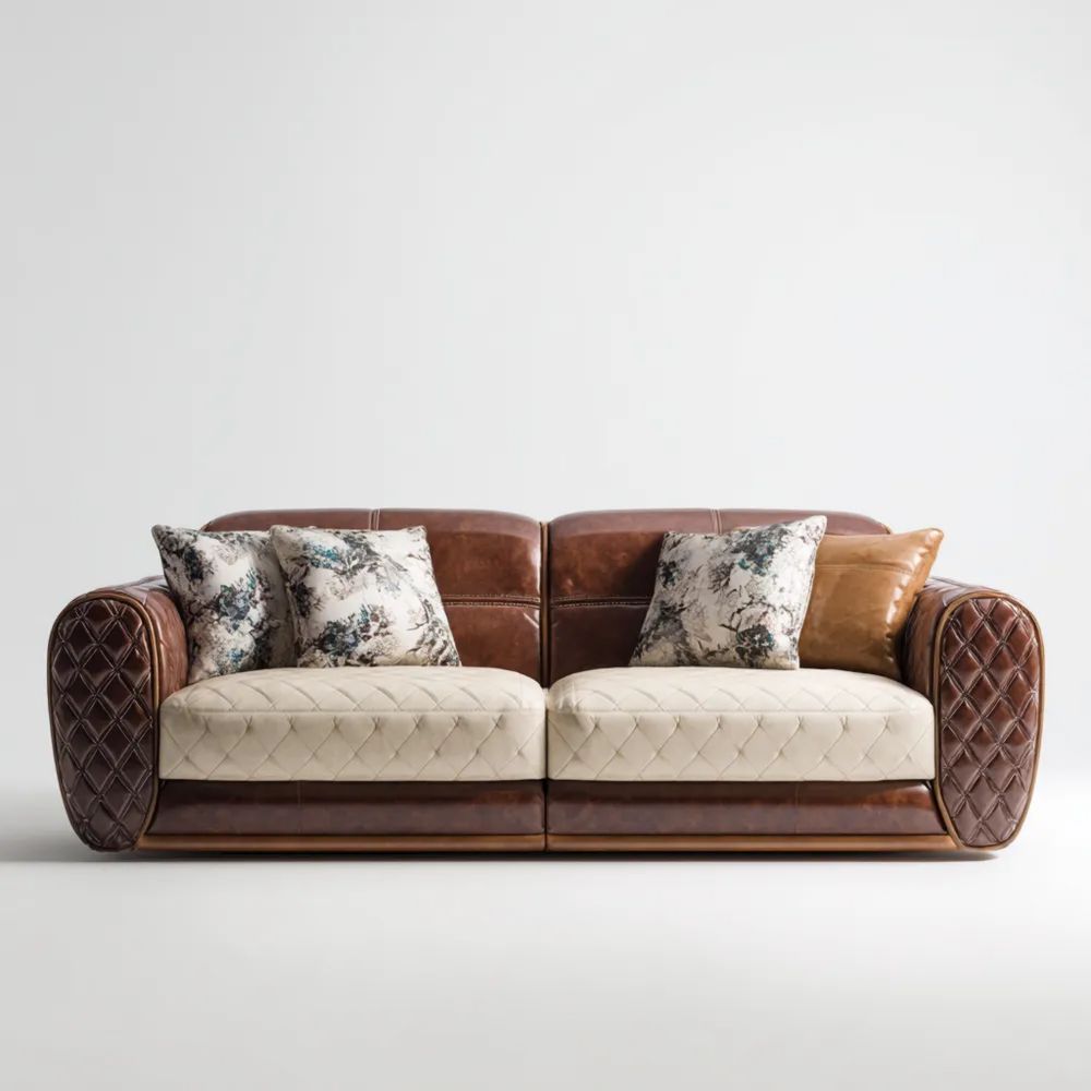 2-Sitzer-Sofa Leder und Stoff 200x90x85 cm – Braun/Beige – Klassisches