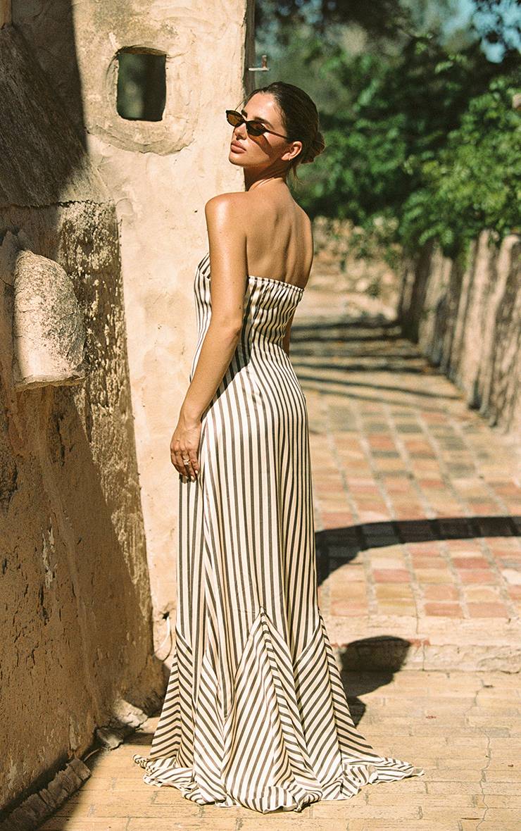 Vert Olive Robe Maxi Bandeau Satinée À Rayures