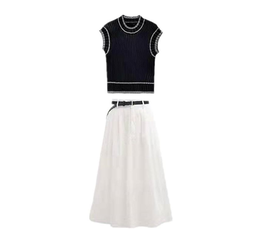 Midoray - Contrasterende rand trui/vest / hoge taille effen midi A-lijn rok / set