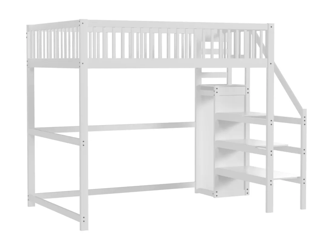 Lit mezzanine 140x200cm - lit enfant avec escalier avec armoir, sommier à lattes, antichute - blanc