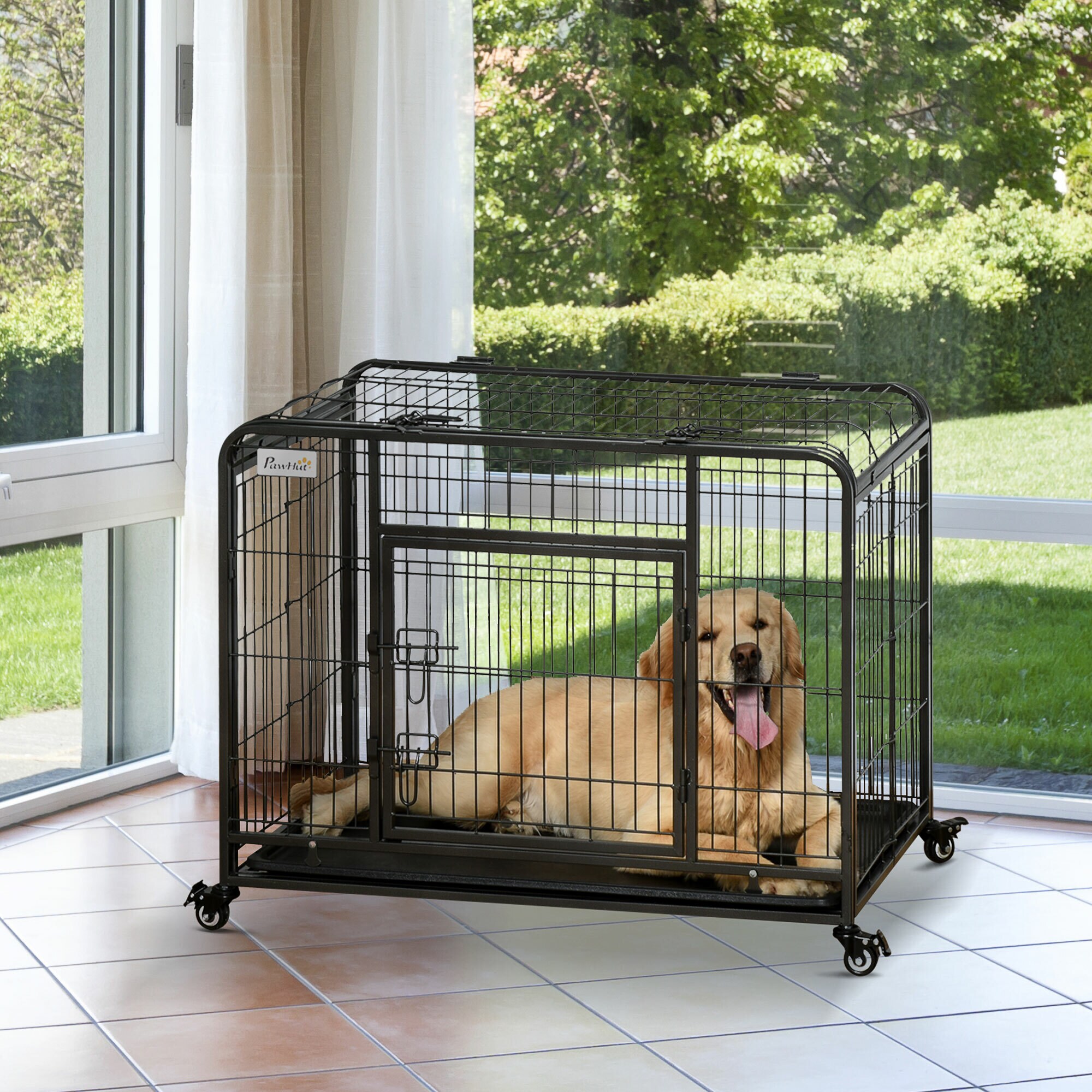 PawHut Hundetransport 4 Drehrollen, davon 2 mit Bremsen,haltbare Materialien Dunkelgrau 94 x 58 x 69,5 cm (LxBxH)