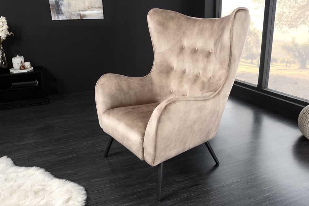 Design XL Sessel AMSTERDAM champagner Samt schwarze Metallbeine Retro Stil