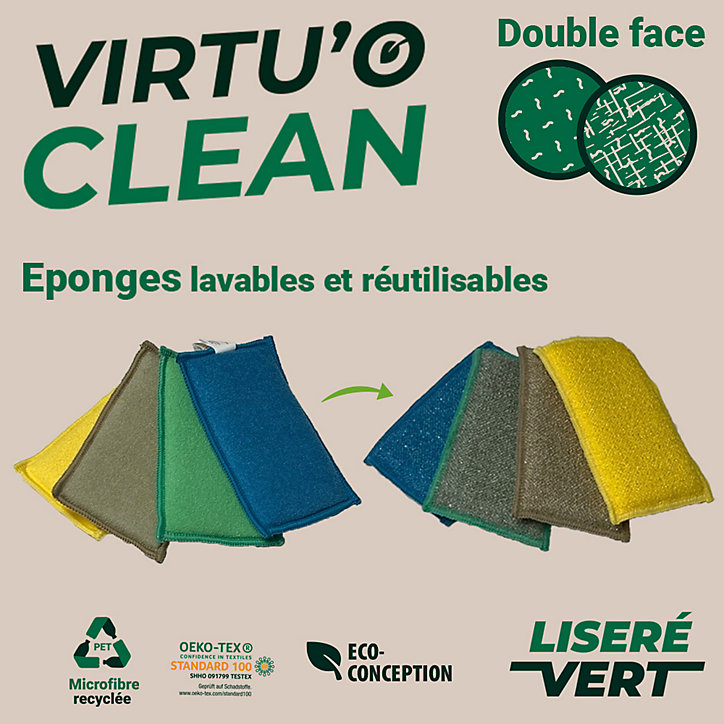 Lot 4 éponges microfibre double-face Virtuo clean Passat jaune, bleu, vert, beige L.22 x l.10 cm