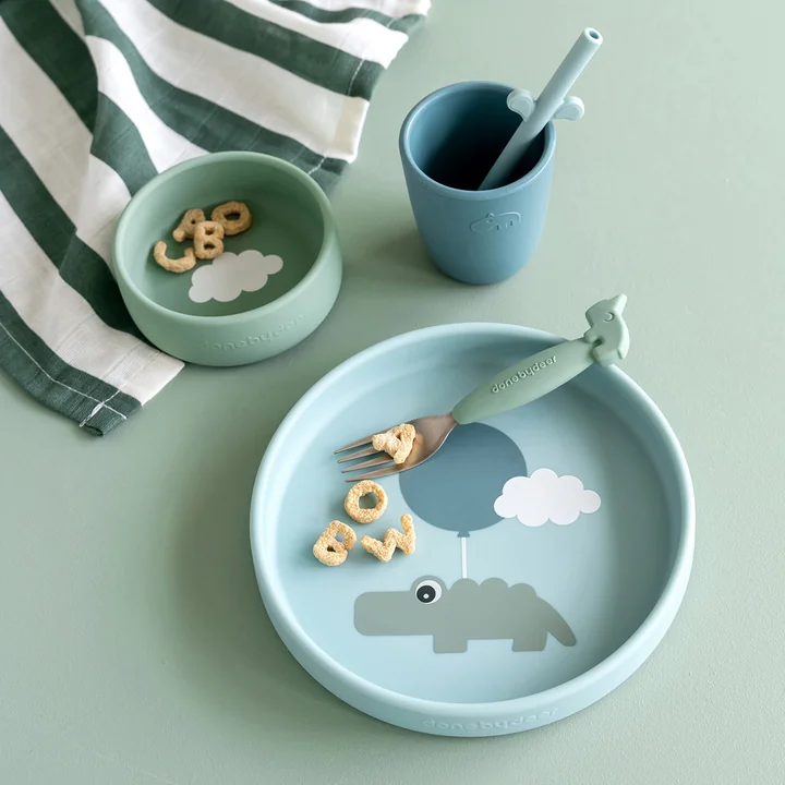 Done by Deer - Silikon Geschirr-Set, Confetti, blau (3er-Set)