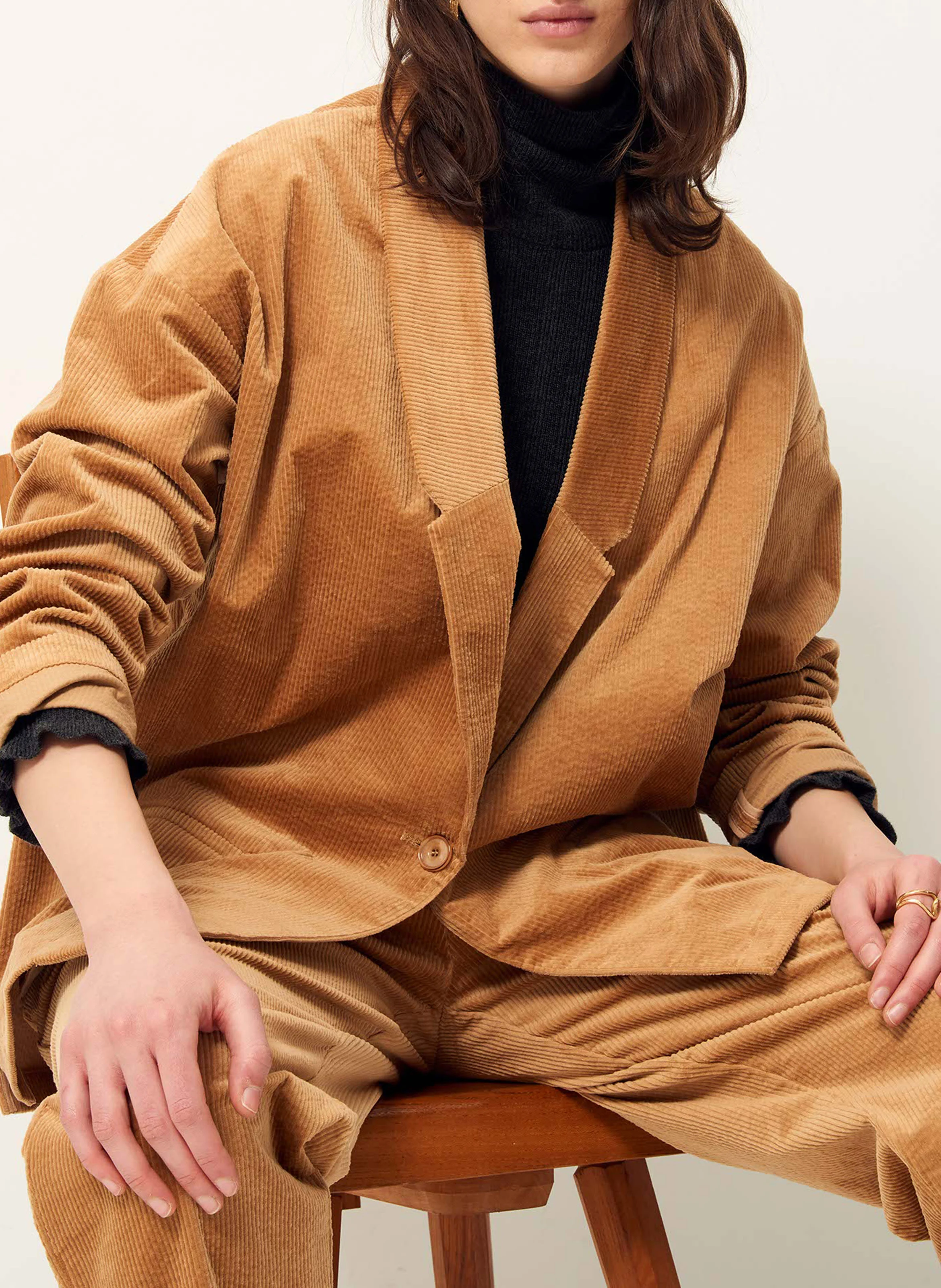 Veste col tailleur droite en coton | Beige
