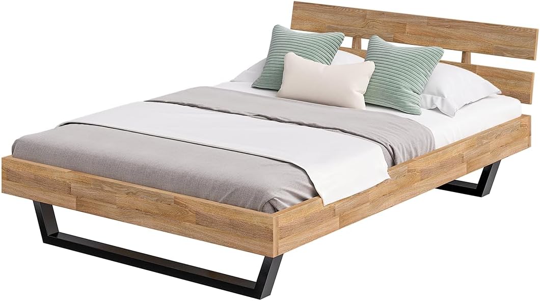 skølm Alver Massivholzbett 140x200 cm – Bettgestell aus Massivholz Eiche geölt – Holzbett mit schwarzen Metallkufen – hochwertiges Bett mit 2 Streben als Bettkopf – Bettrahmen geeignet als Doppelbett