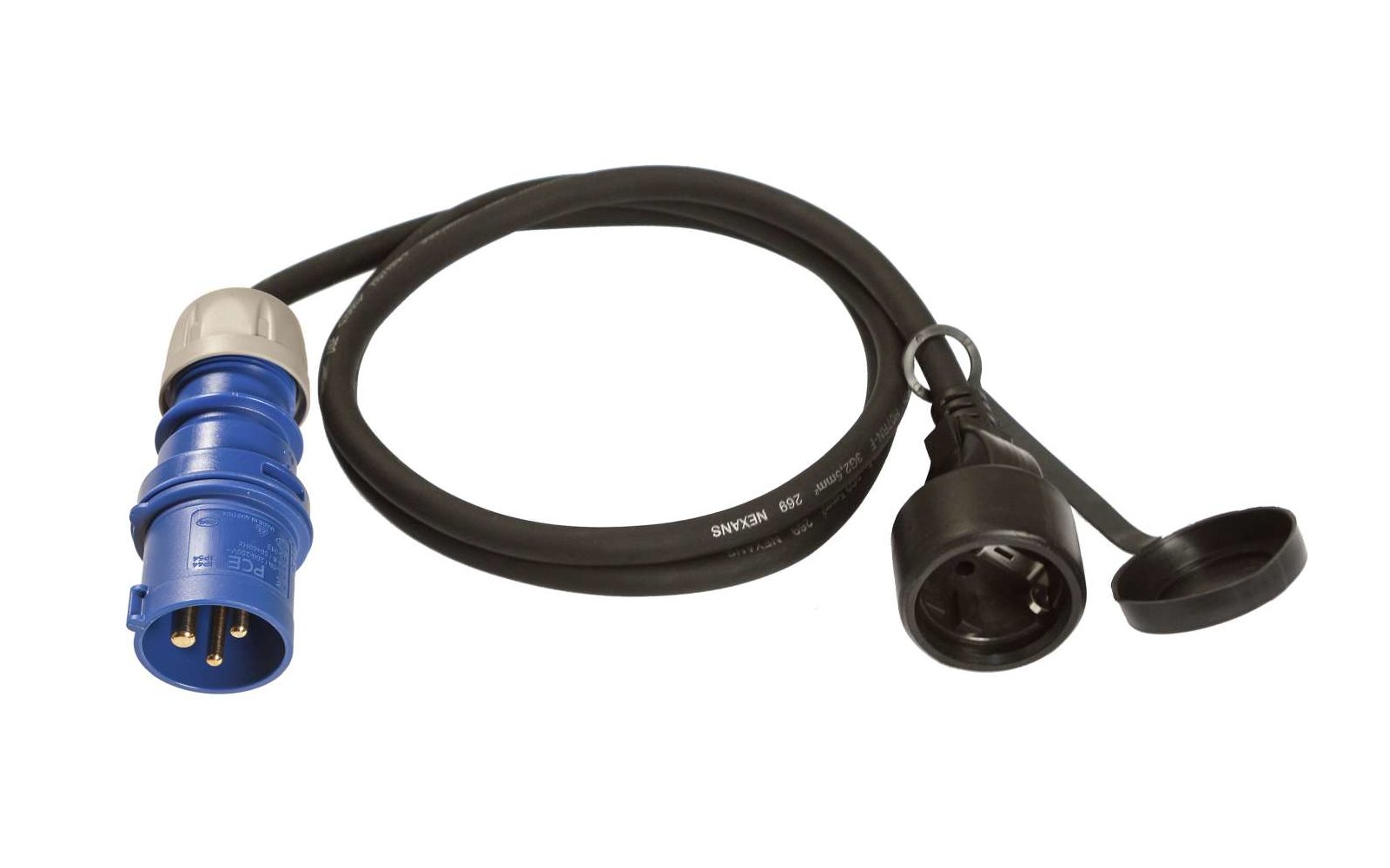 CEE Adapter 3-polig Schutzkontaktstecker 1,5 m mit Spritzwasserschutz an der Schuko Steckdose