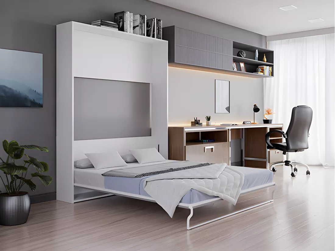 Lit escamotable 160 x 200 cm - Ouverture verticale manuelle - Blanc et gris + Matelas - MALINA II