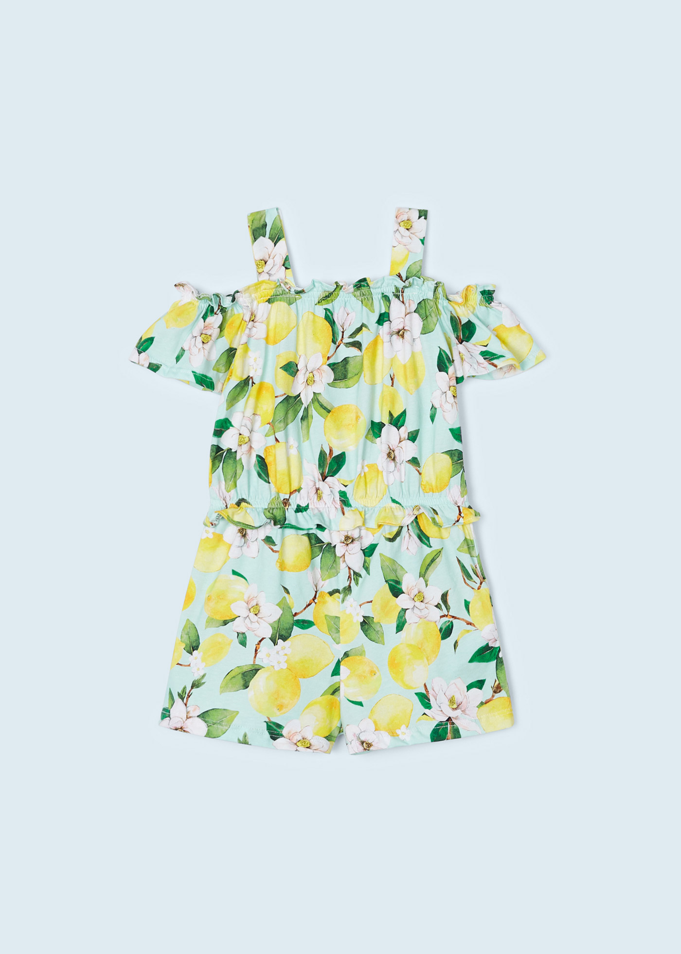 Macacão curto estampado para meninas, feito de algodão sustentável.