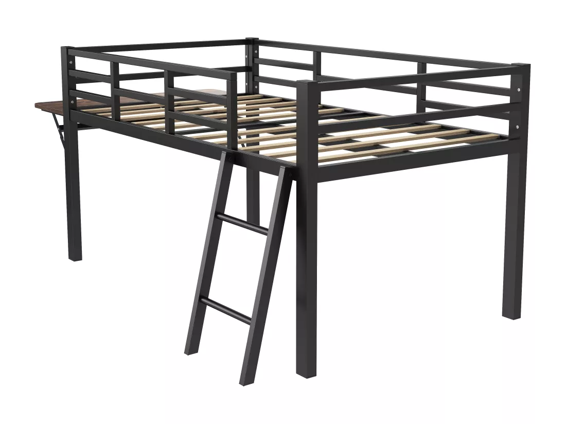 Lit plat en métal 90 x 200 cm, rails, échelle, bureau, télécommande Bande LED, noir