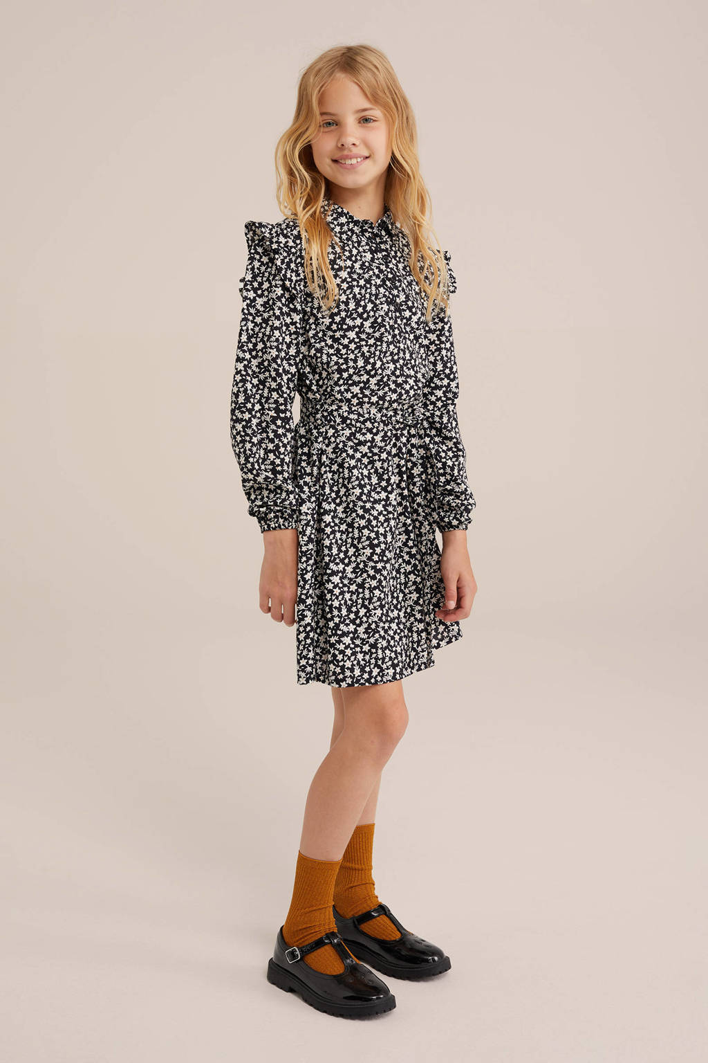 WE Fashion jurk met all over print en ruches rood/roze