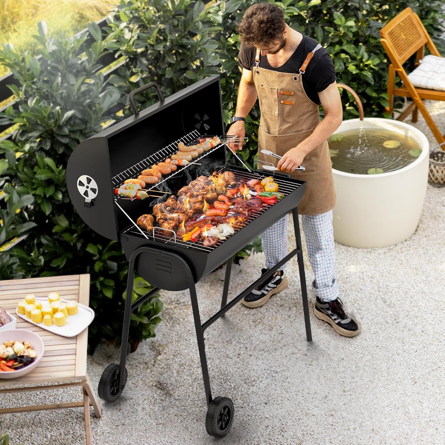 YITAHOME M Holzkohlegrill BBQ Smoker Grillwagen mit Höhenverstellbare Kohlenstoffpfanne & Thermometer, Standgrill für Party, Camping, Garten, inkl. Küchenzange
