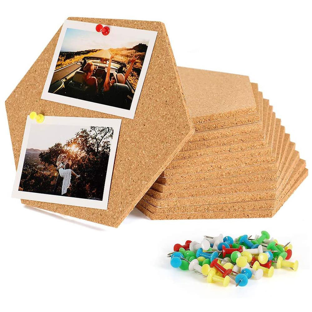 (8er Set) 20cm Selbstklebende DIY Kork Pinnwand Hexagon Tafel Bastel Korkplatte inkl. Pinnadeln - Braun