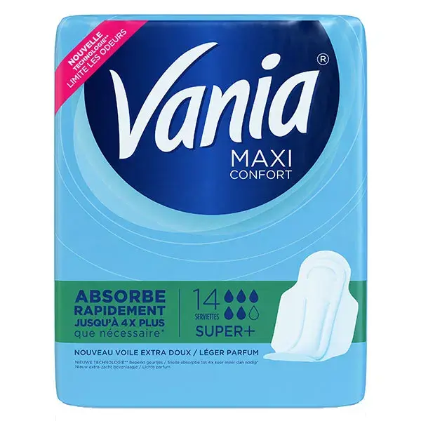 Absorventes menstruais Vania Maxi Comfort Super+, pacote com 14 unidades.