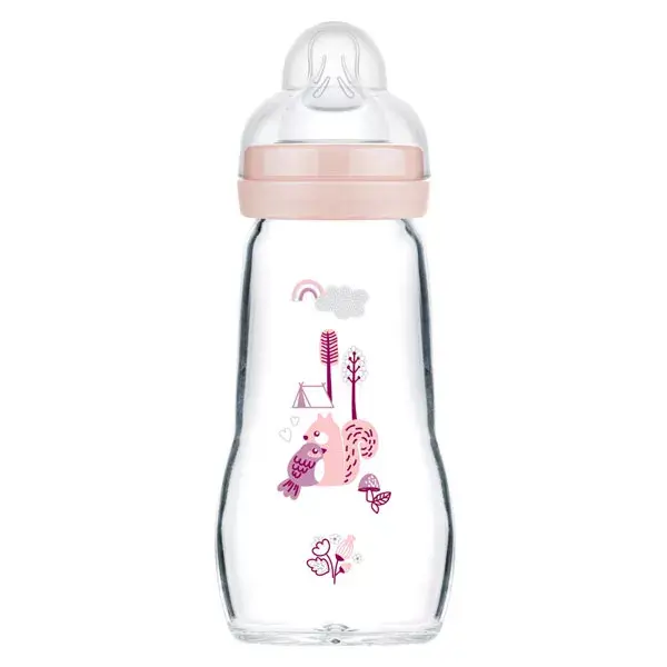 Mamadeira de vidro MAM +2m com passarinho rosa, 260ml