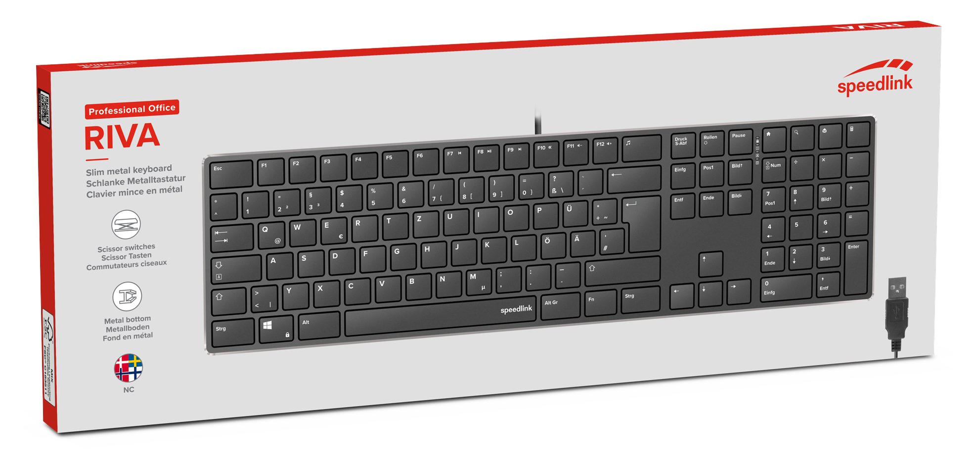 Speedlink - RIVA Slim Metal tastatur, sort - Nordic Layout
