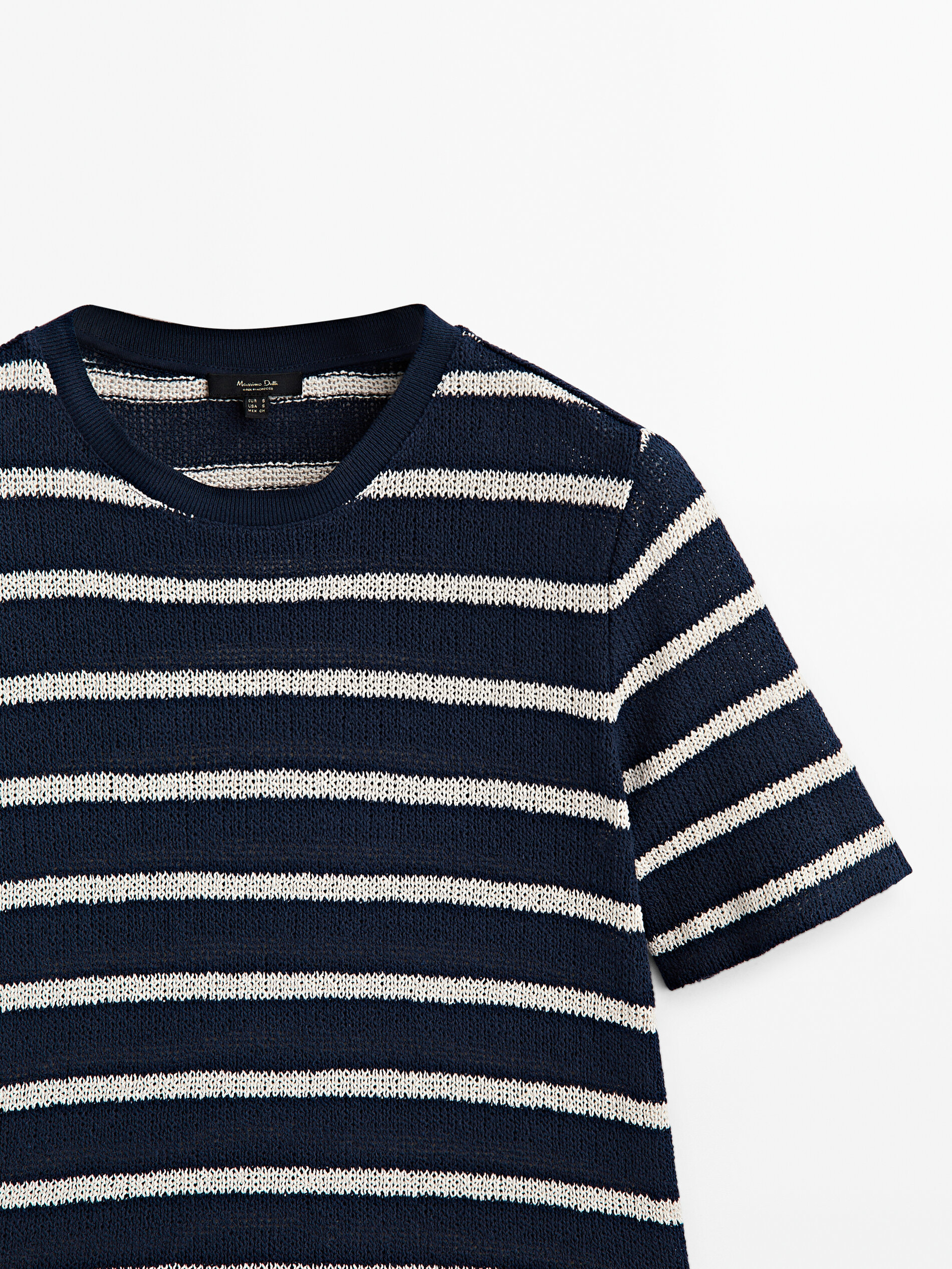 Camiseta listrada texturizada em mistura de algodão - AZUL MARINHO