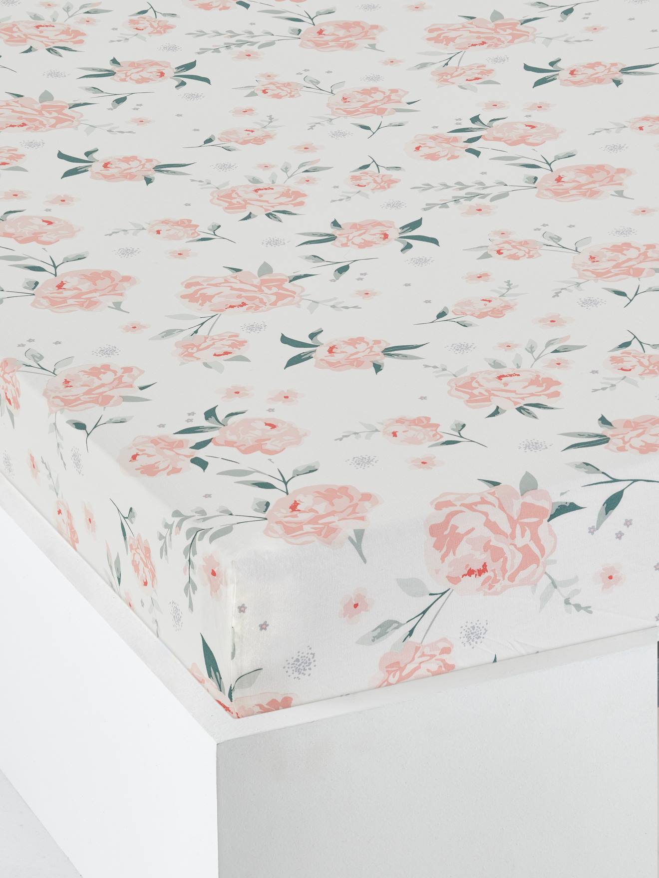 Lençol de baixo infantil Eau de Rose, branco claro com estampa.