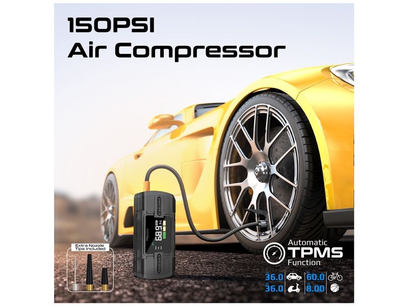 Promate PatrolPack-3 Hochleistungs-Auto-Starter Leistungsstarker Jump Starter, 150PSI Luftkompressor, 12000 mAh Powerbank & Taschenlampe
