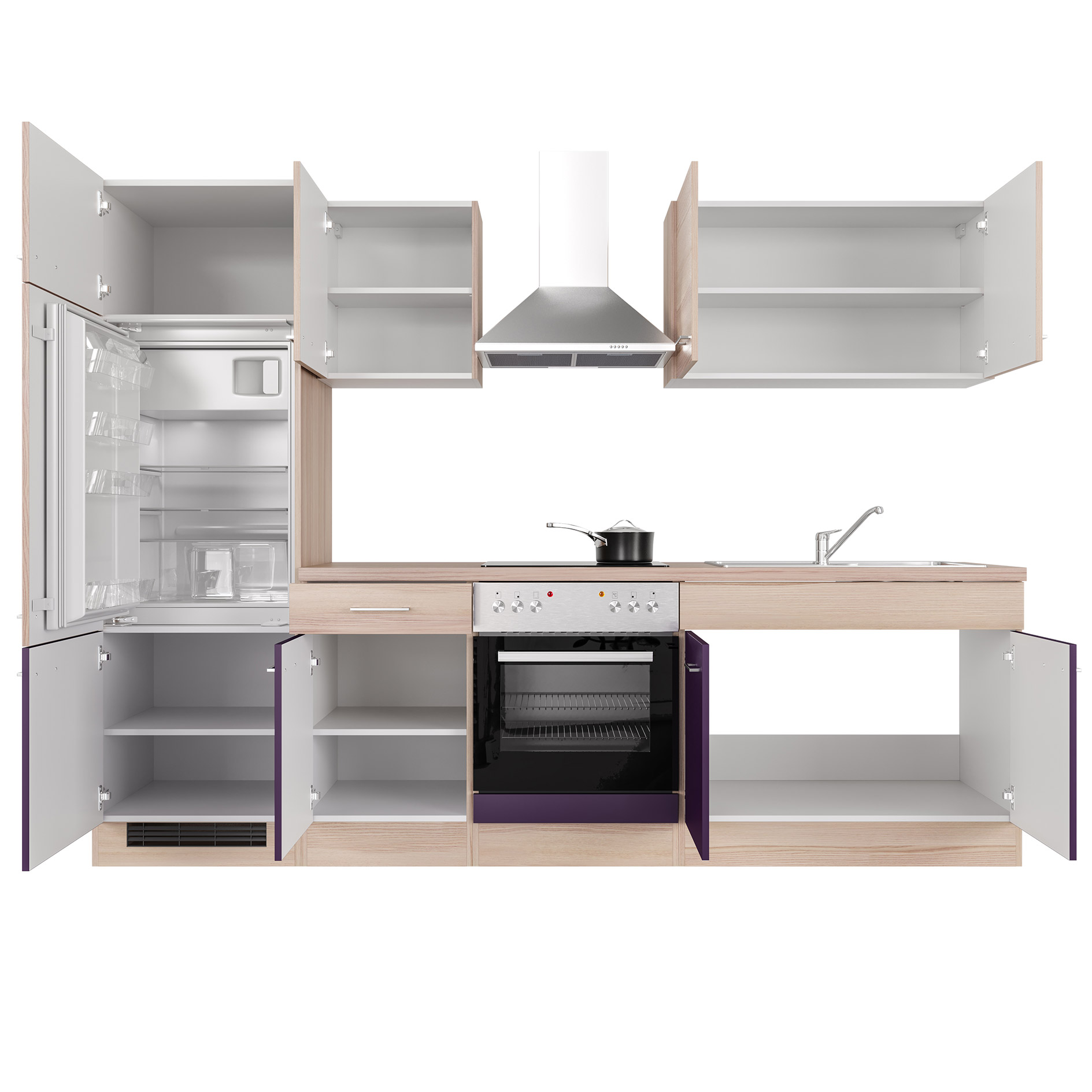 Küchenblock FOCUS - Akazie - aubergine - mit E-Geräten - 270 cm