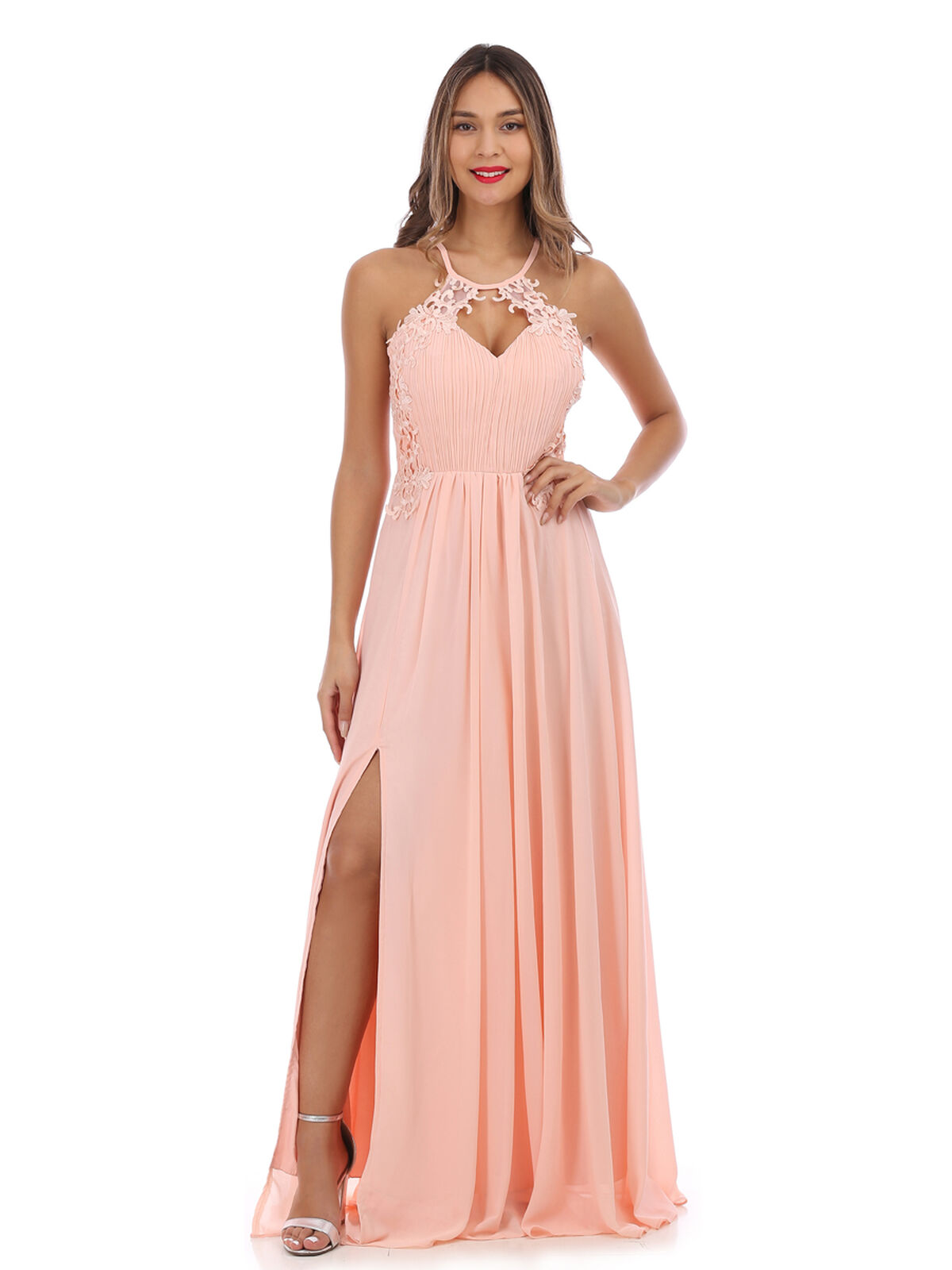 Robe longue fendue avec dentelle- Rose
