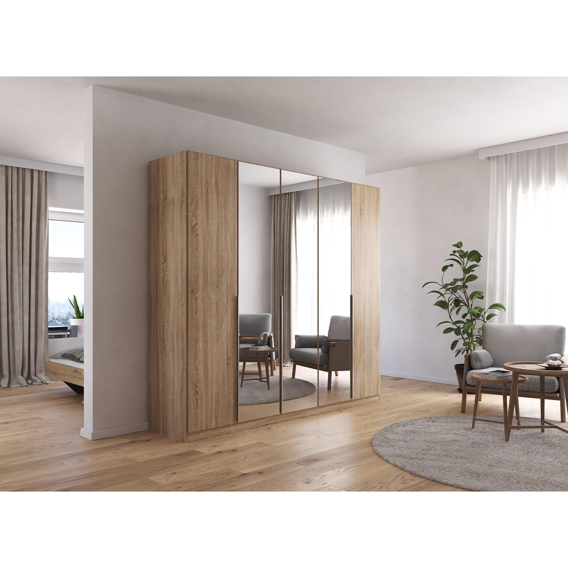 Drehtürenschrank - Sonoma Eiche - Kristallglasspiegel - 5-türig - 226x210 cm