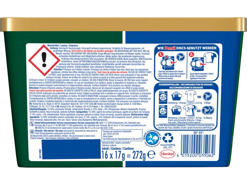 Persil Waschmittel Kapseln Universal Discs 16 WG, 272g Vollwaschmittel für saubere Wäsche