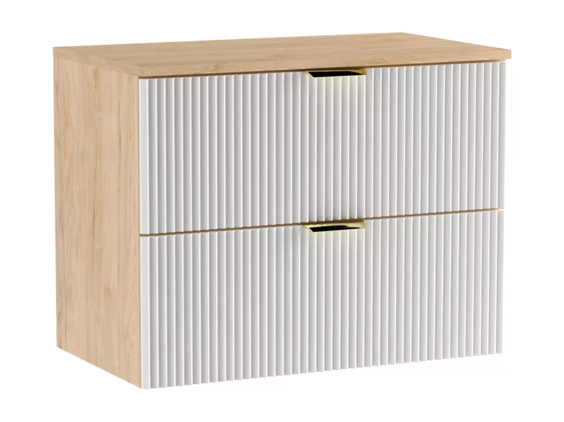 Meuble lavabo WENA, façades cannelées, Willy, 80x60x47 cm, Blanc/Noyer