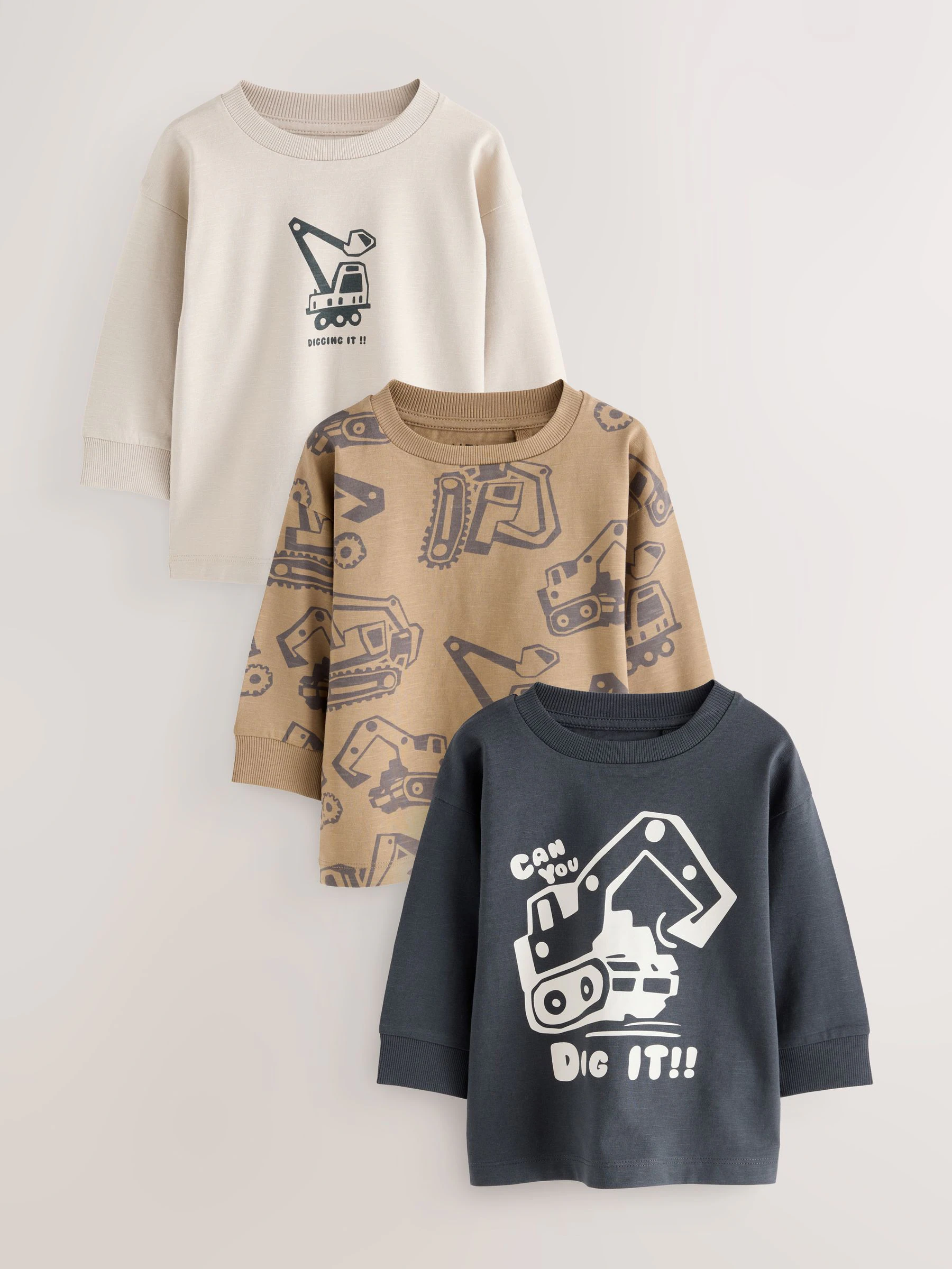 Zwart/bruin met graafmachine - Set van 3 T-shirts met grafische print en lange mouwen (3mnd-7jr)