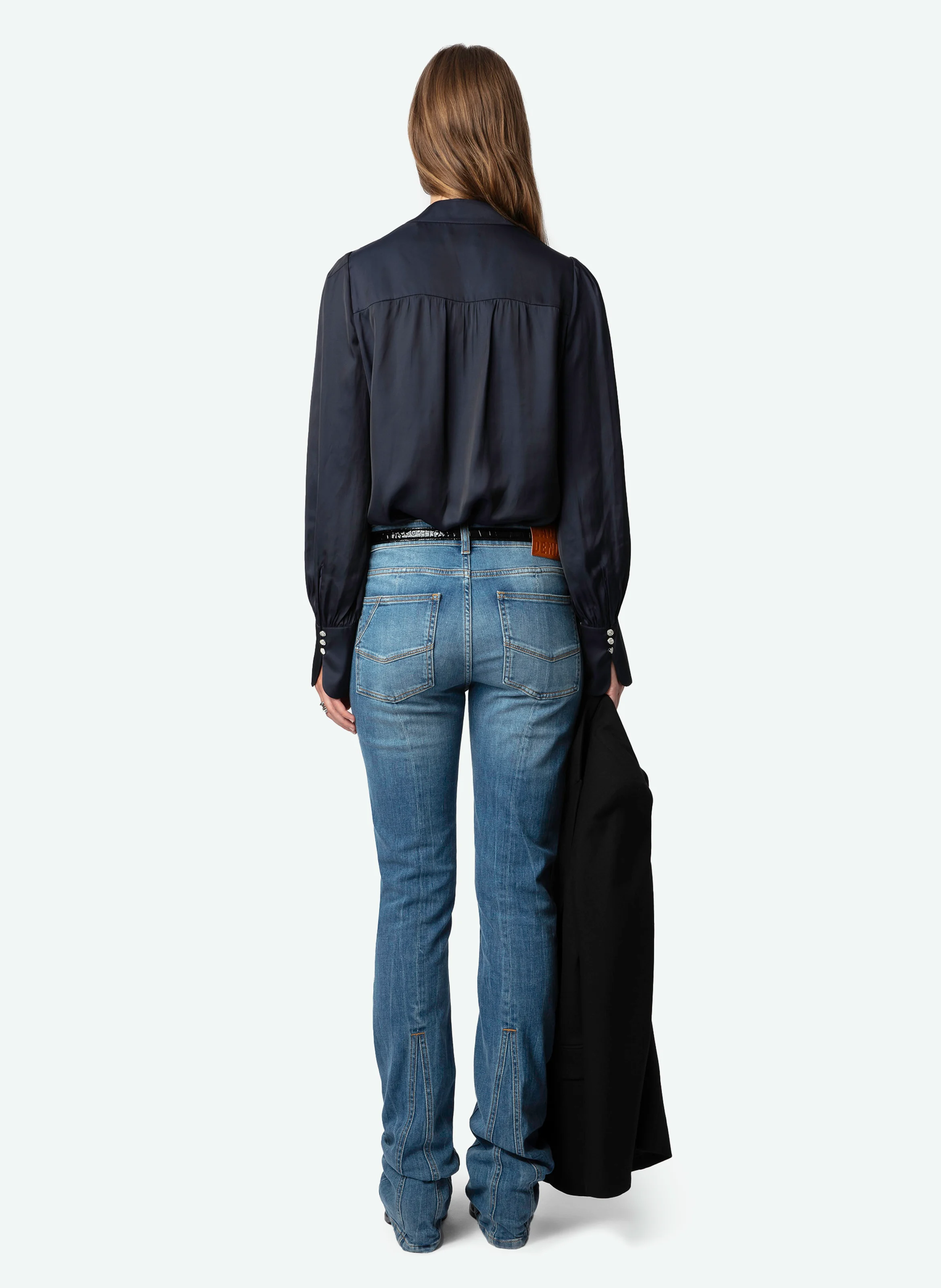 TINOUS - Chemise col V droite en satin | Bleu