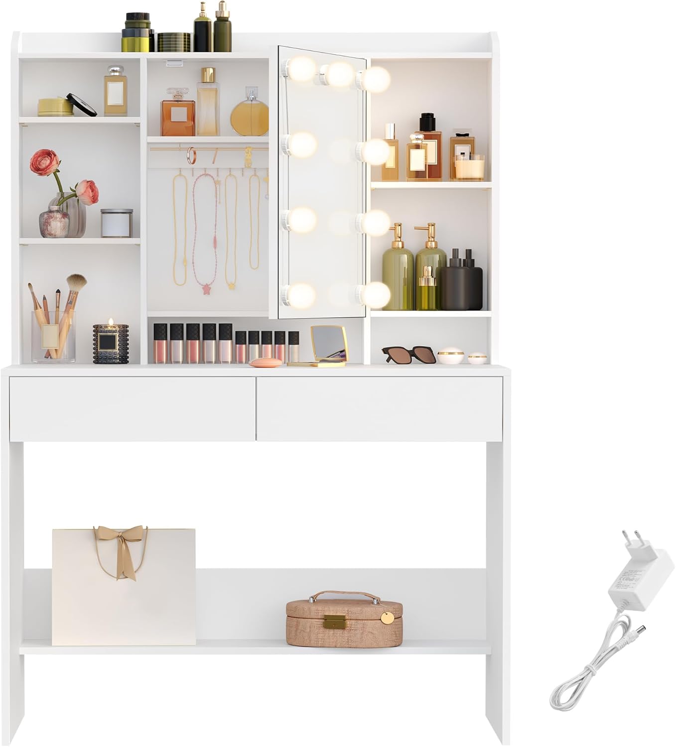 VASAGLE Schminktisch mit Beleuchtung, einstellbare Helligkeit, Frisiertisch mit Spiegel, Kosmetiktisch mit verstellbaren Ablagen, 2 Schubladen, modern, wolkenweiß RDT126W01