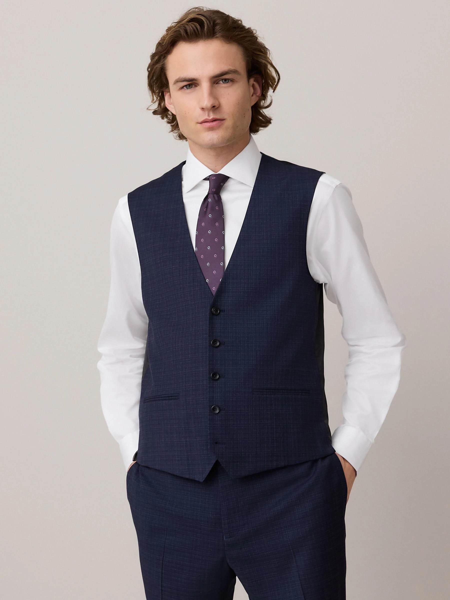 Marineblauw - Geruit Textuur Kostuum Vest