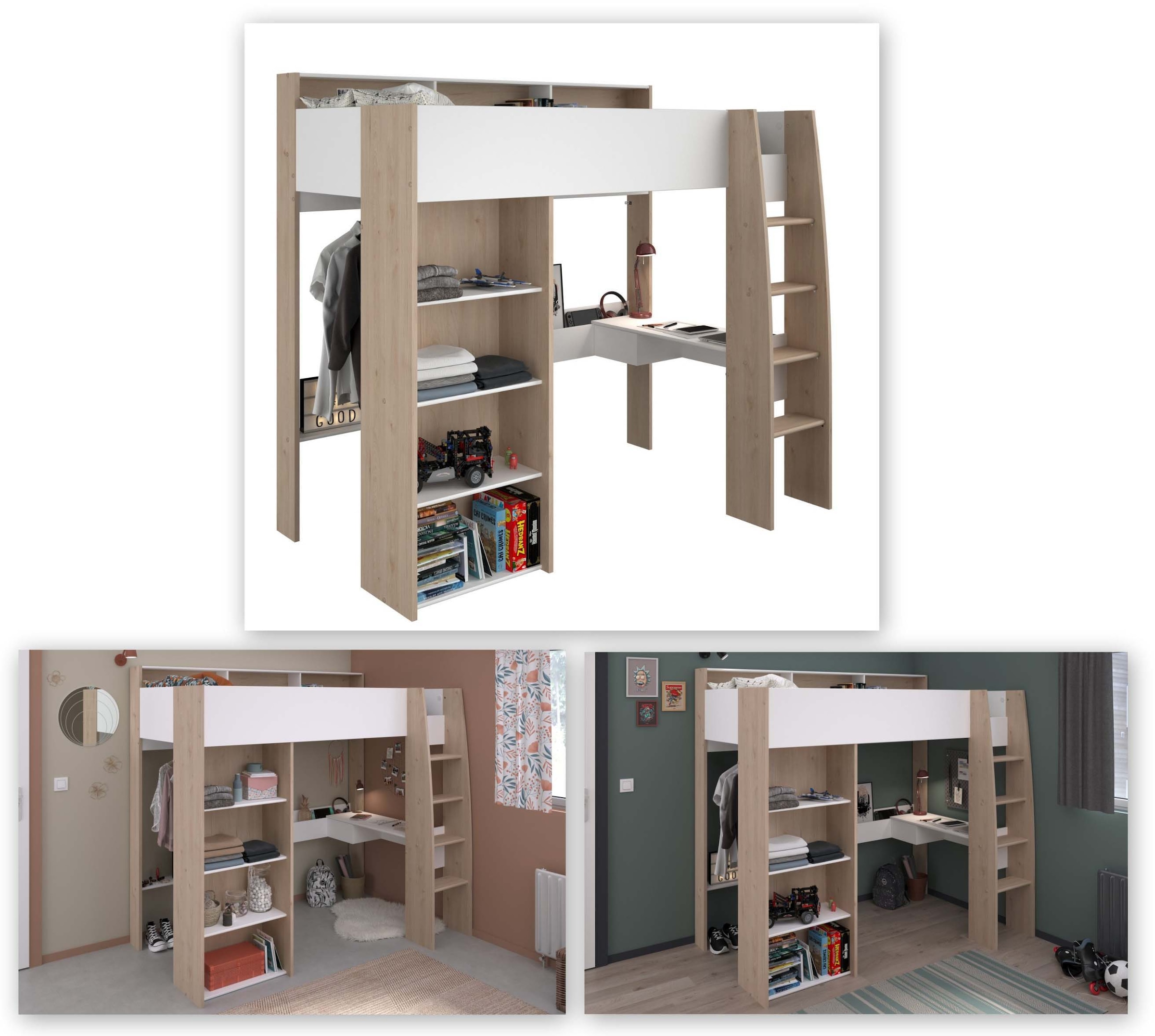 Parisot Hochbett »Shelter 11« 1 Stk. tlg. integrierter Schreibtisch, Leiter, Regal, Kleiderstange, Ablagen