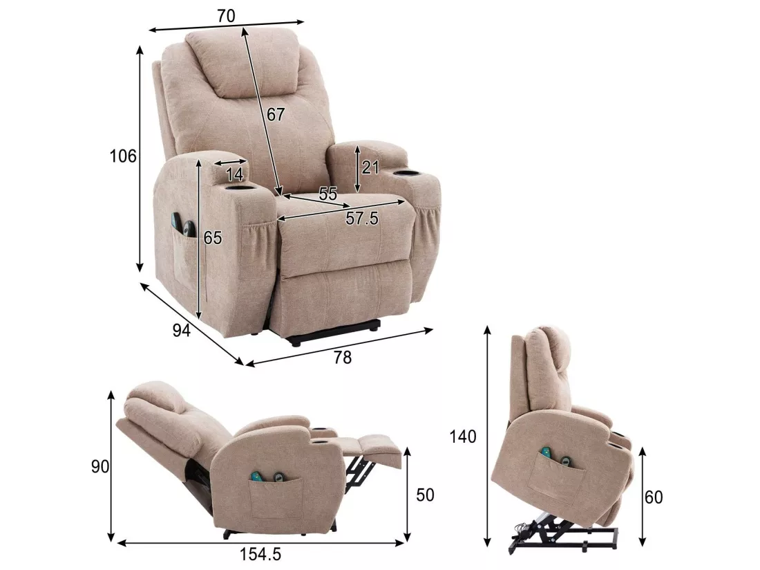 Fauteuil relax électrique avec fonctions de chauffage et de vibration - 2 porte-gobelets et poches latéralles - Gris clair