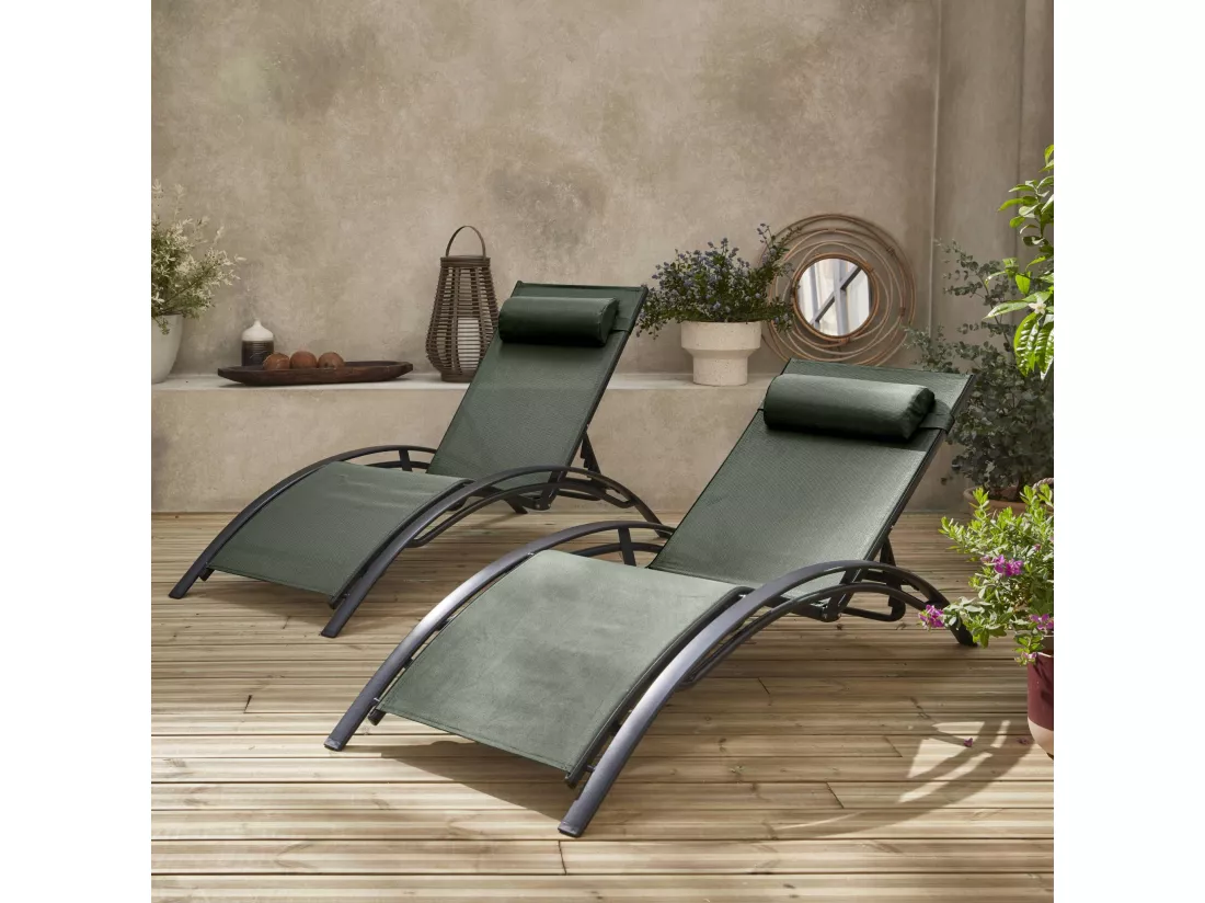 Duo de bains de soleil aluminium savane - Transats aluminium et textilène