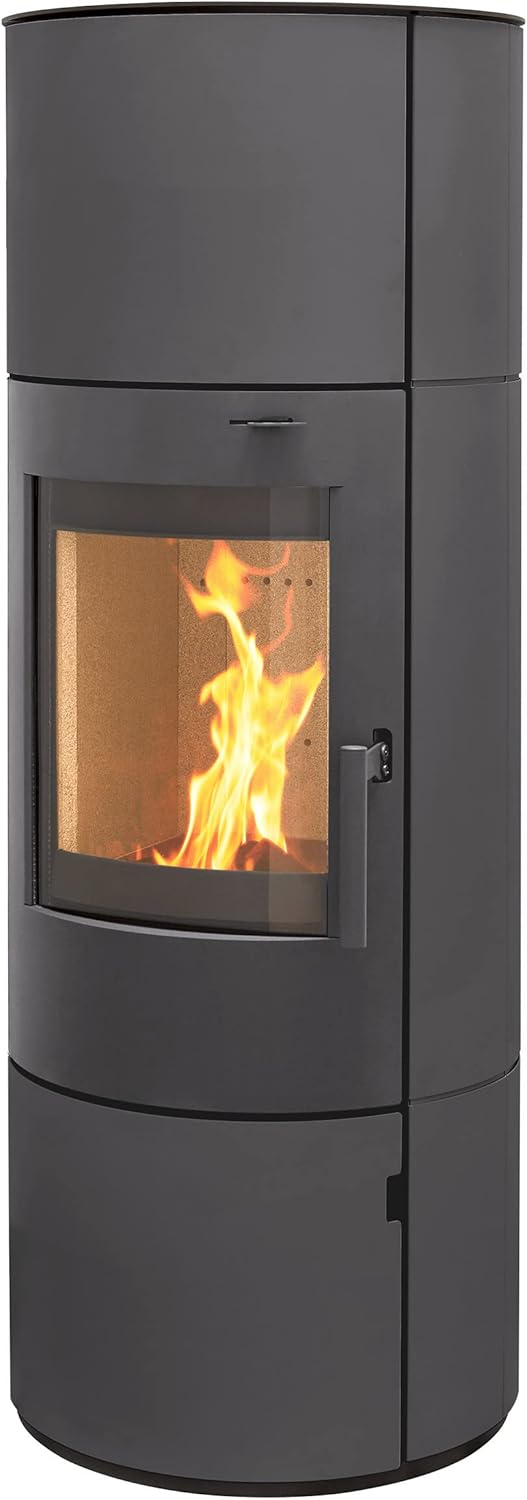 Kaminofen München XL Stahl gussgrau7kw Speicherofen Panoramatür Holzofen Dauerbrand geeignet Schwedenofen 150mm Abgasstutzen selbstschließende Tür (Bauart 1)