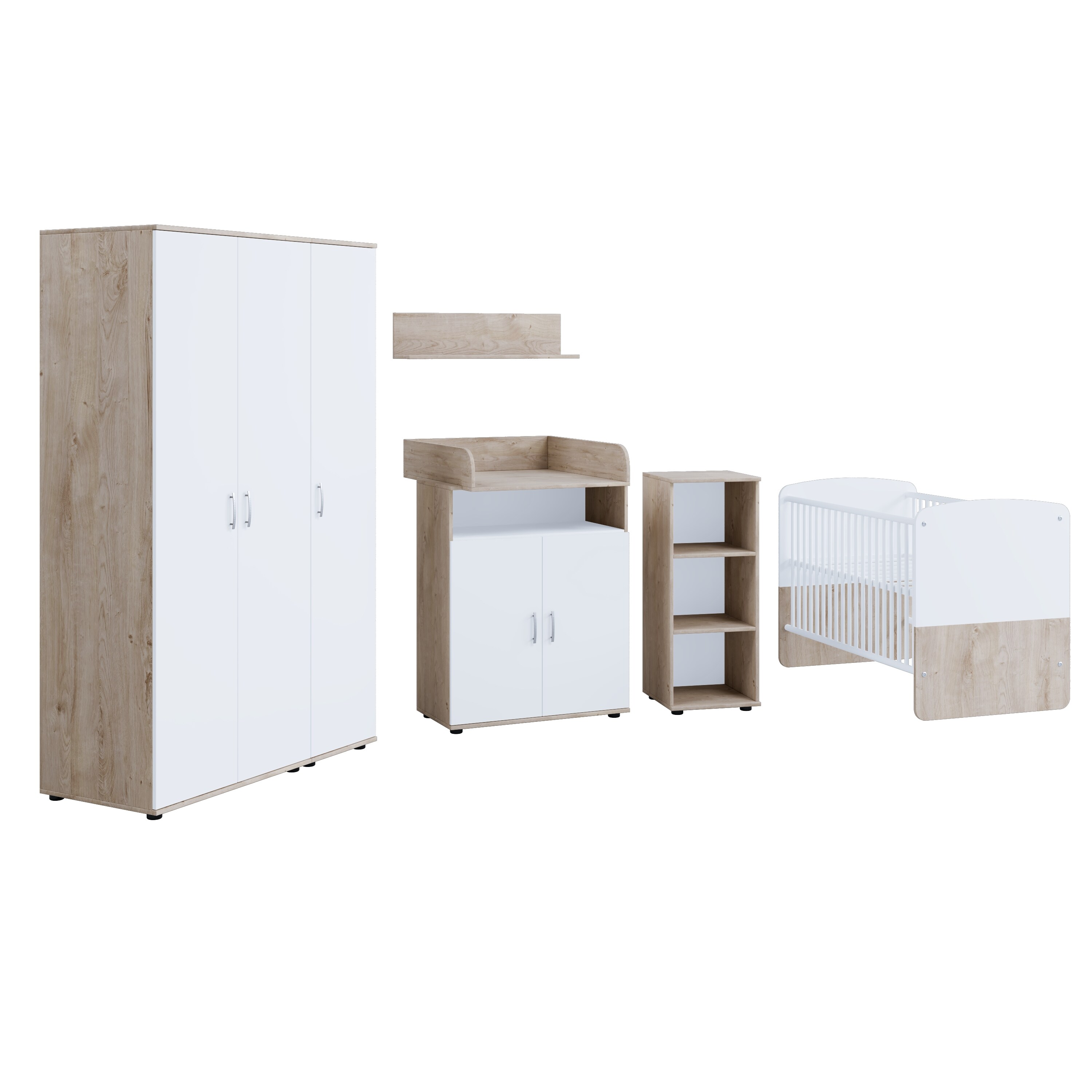 nonjoo. Babyzimmer Lani Set 8: best. aus Babybett, Kommode, Wickelaufsatz, Wandboard, Regal mit 3 Fächern und Kleiderschrank 3-trg.