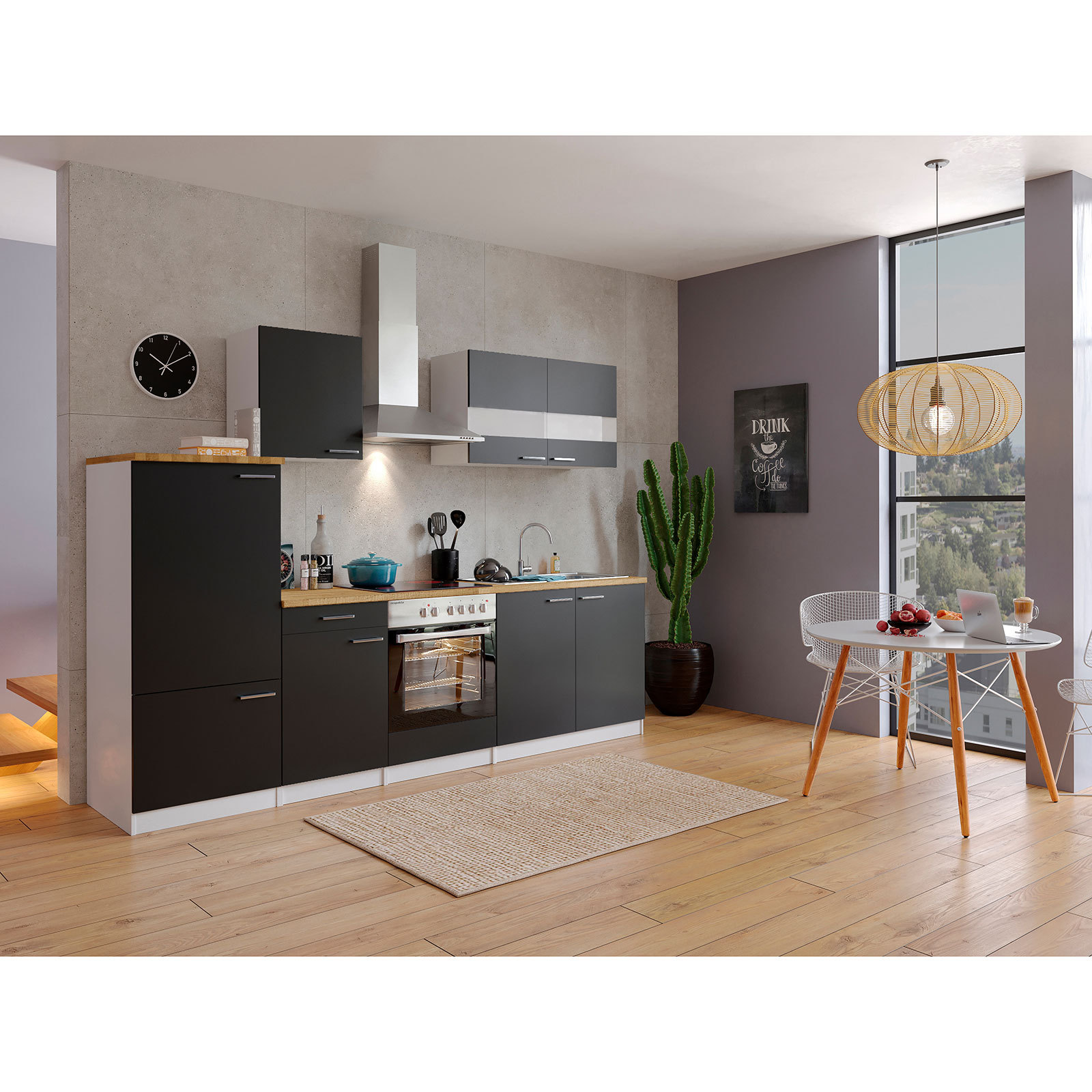RESPEKTA Küchenblock - schwarz-weiß - mit E-Geräten - 270 cm