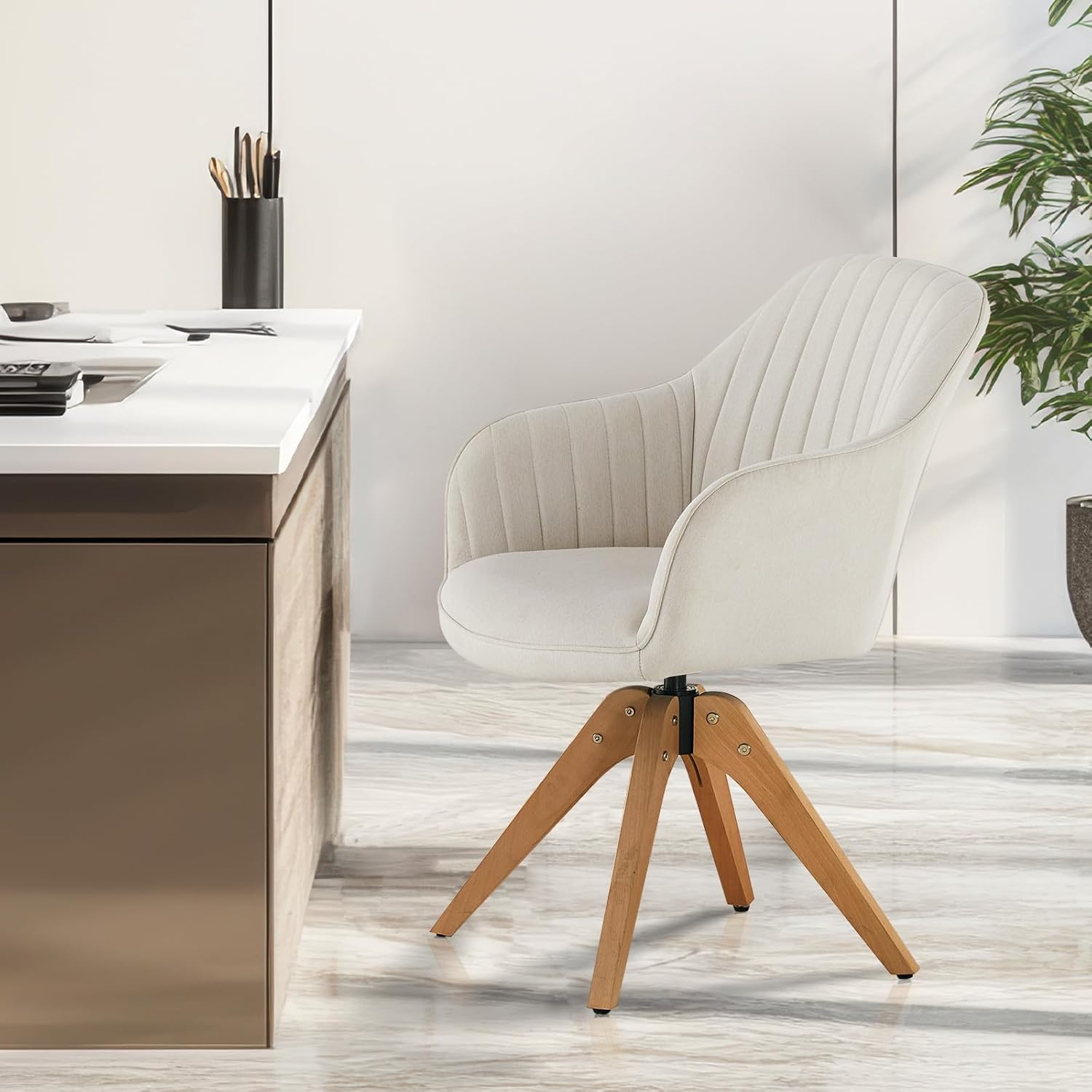 CLIPOP Drehbarer Design Stuhl Vintage Beige Buchenholz Beine Esszimmerstuhl Küchenstuhl Besucherstuhl Bürostuhl Wohnzimmerstuhl (Leinen, Beige)
