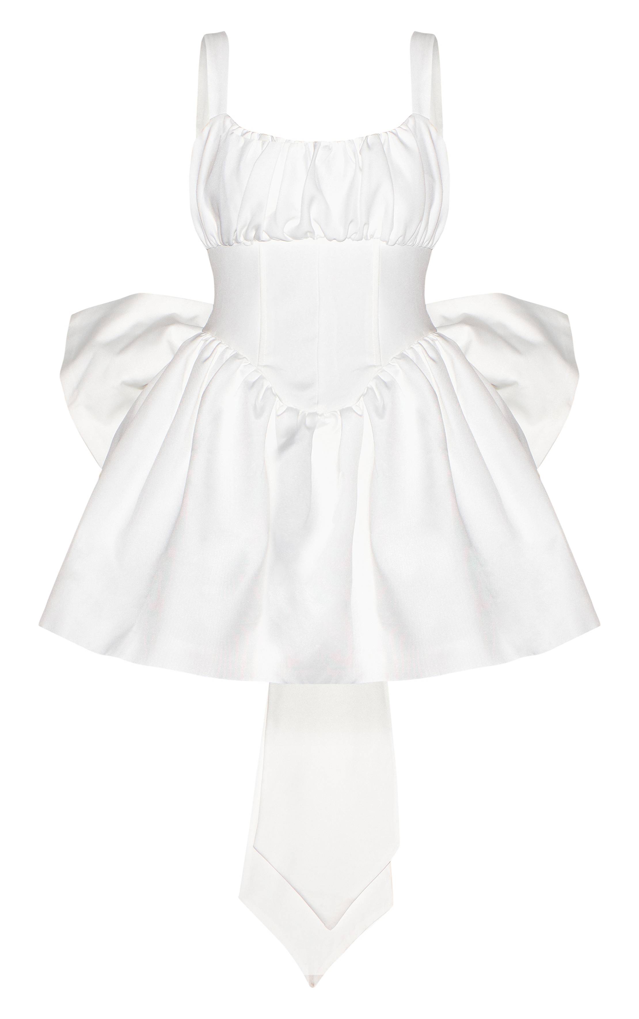 Blanc Robe Mini Premium En Tissu Tissé Avec Détail Nœud